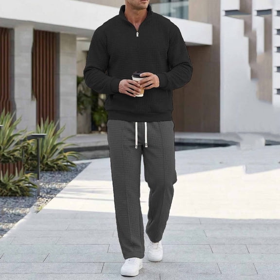 Kakii Men's Waffle Knit Quarter Zip Set, Stand Collar Pullover & Drawstring Pants Matching Outfit, Casual Tracksuit