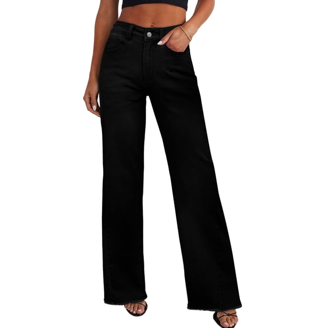 Jeans PRETTYGARDEN de Pierna Ancha para Mujer, Tiro Alto, Negro