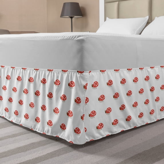 Ladybug Bed Skirt, Little Bugs Playroom Kids Nursery Childish Animal Luck Baby, Elastic Bedskirt Dust Ruffle Wrap Around for Bedding Decor, 4 Sizes, Dark Coral Chocolate, by Ambesonne