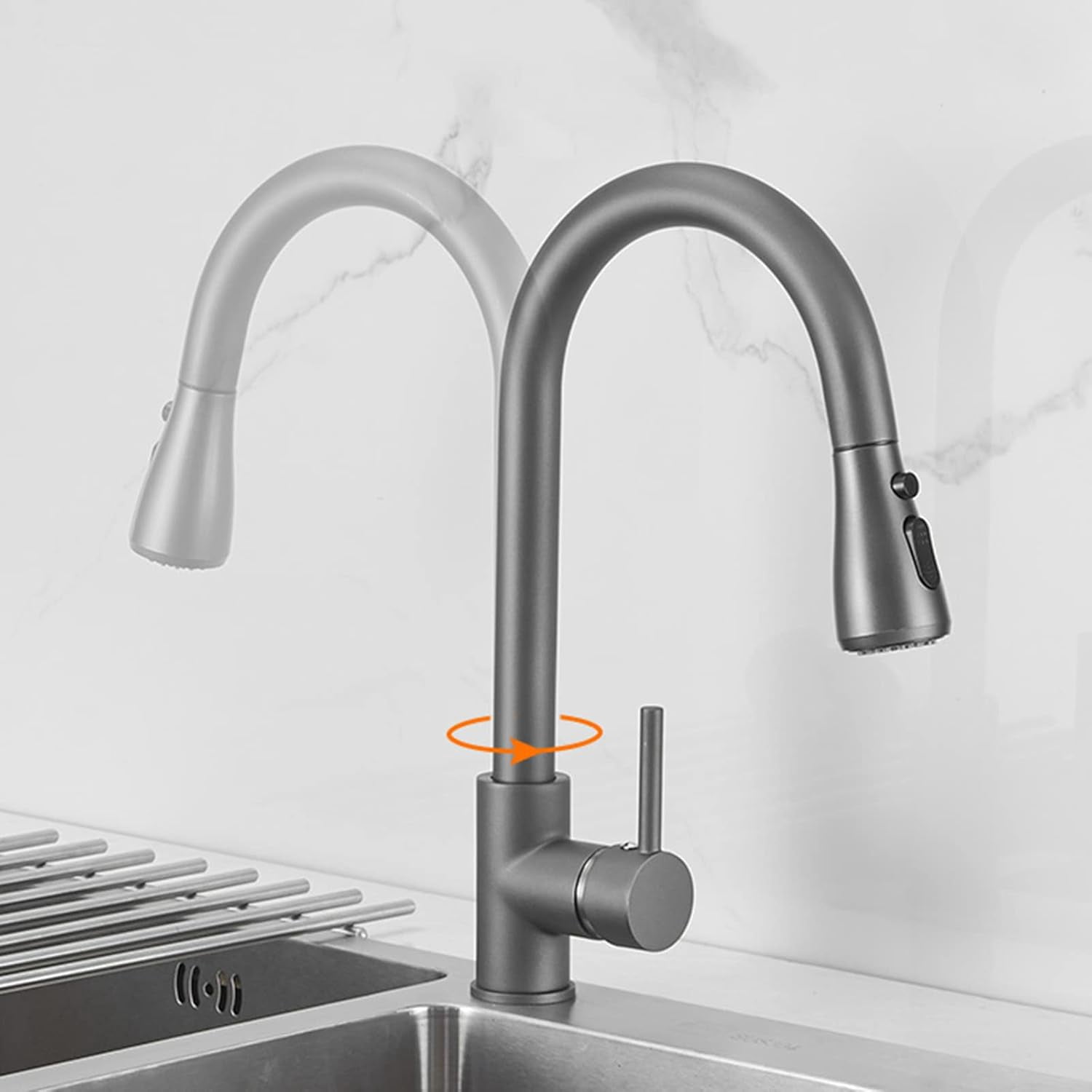 Kitchen Faucet with Pull Out Spray, Kitchen Sink Mixer Faucet Gray Sink Faucet Brass Hot Water and Cold Water Swivel Retractable Faucet