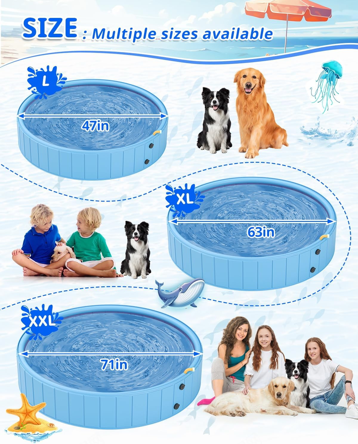 Dog Pools for Large Dogs, 2-in-1 Sprinkler Pool for Kids Non-Slip Dog Swimming Pool for Outdoor Backyard Kids Dogs Ducks and Pet Baths 70" x 12"