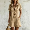 thumbnail image 2 of yardsong Ruffle Romper for Women Short Sleeve Collared Button Down Short Jumpsuit with Pockets Summer Vacation Beach Jumper 2026 Khaki,S, 2 of 7