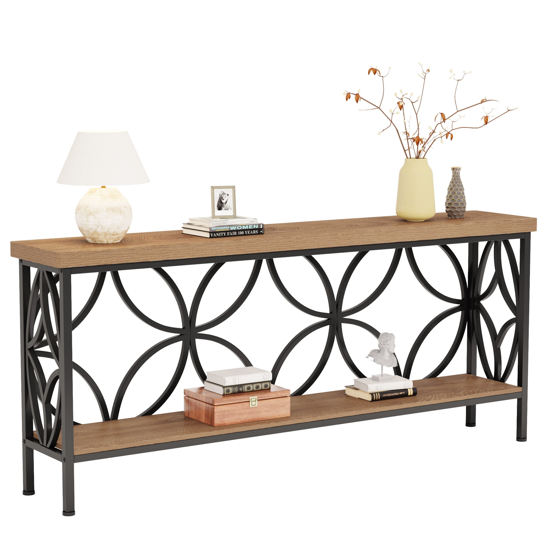 Fnova 70.9" Industrial Console Table, 2-Tier Wood Storage Narrow Sofa Table, Behind Couch with Metal Frame, for Living Room, Entryway, Foyer, Easy Assembly