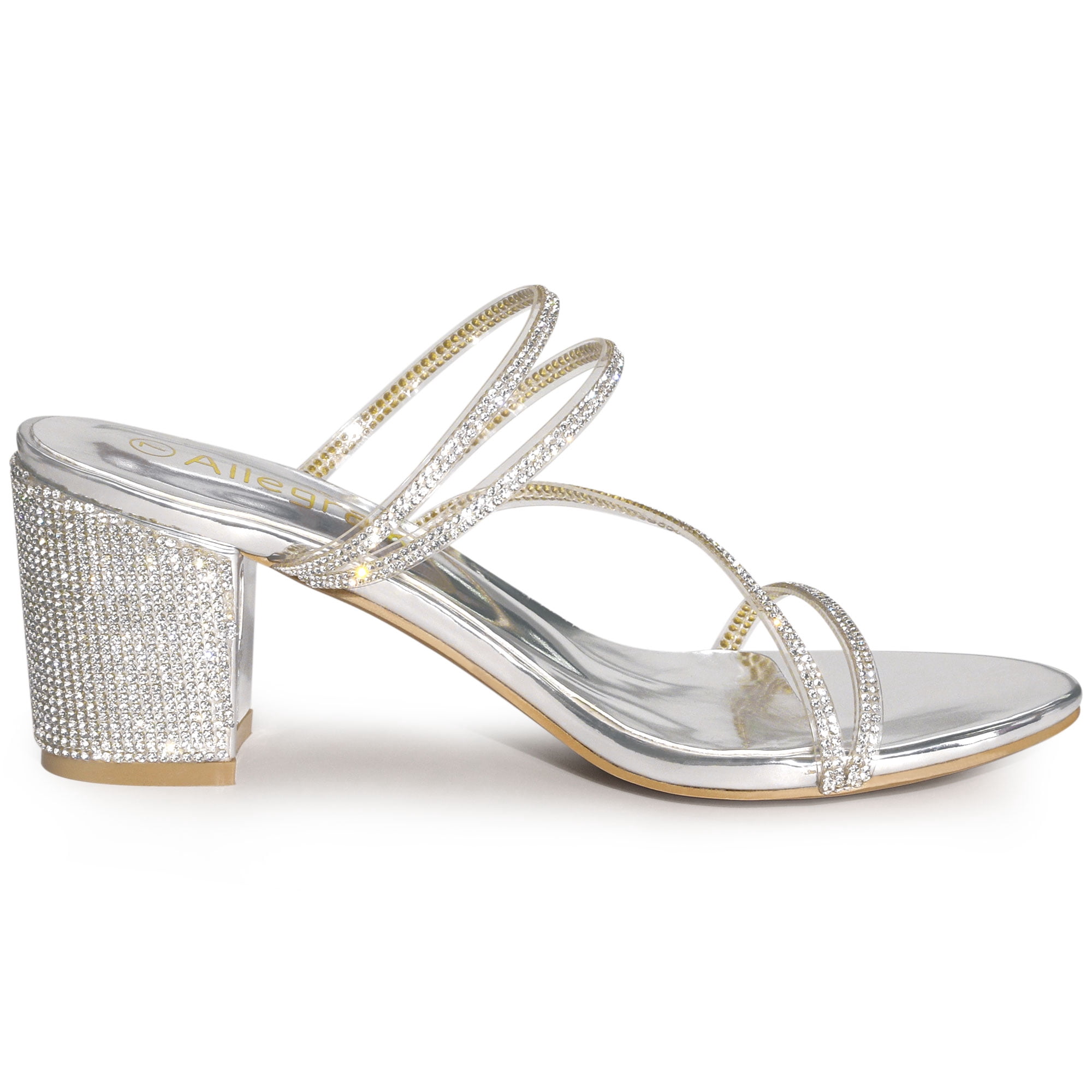 DARING DIVA Women's Rhinestone Block Heel Slide Sandals Silver 7