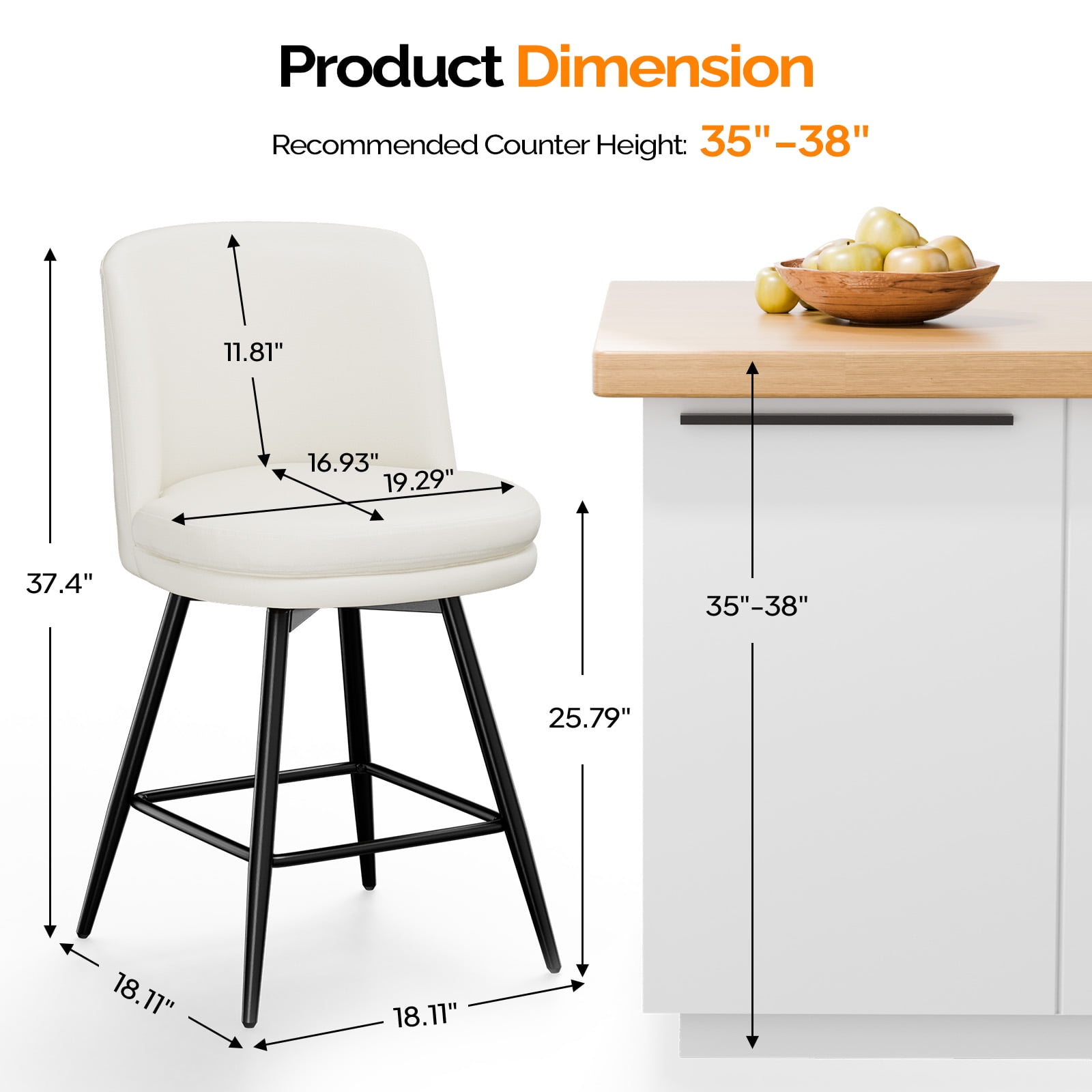 Zimtown Modern Barstools Set of 2, 26" Counter Height Swivel Bar Stools Set with Cusion for Kitchen Island, Dining Room, Bar Chairs, Off-White