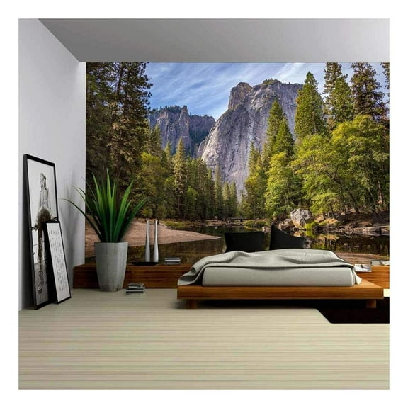 wall26 - Lake in The Mountains with Clear Water Surrounded by Green Forest - Removable Wall Mural | Self-Adhesive Large Wallpaper - 100x144 inches