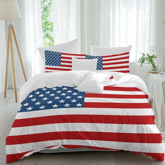 3 Piece American Flag Duvet Cover Set Twin Size, Microfiber Comforter/Quilt Cover with Corner Ties and 2 Pillowcases, Blue Red USA Flag All Season Soft Bedding with Zipper Closure
