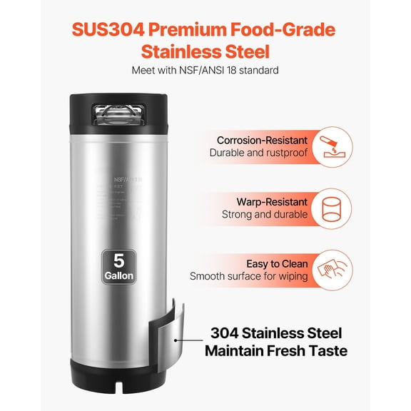 Corny Keg, 5 Gallon Ball Lock Keg, SUS304 Cold Brew Kegs with Dual Rubber Handles & Heavy-Duty Rubber Bottom, Brewing Equipment for Home Brewing Party, 1 PCS