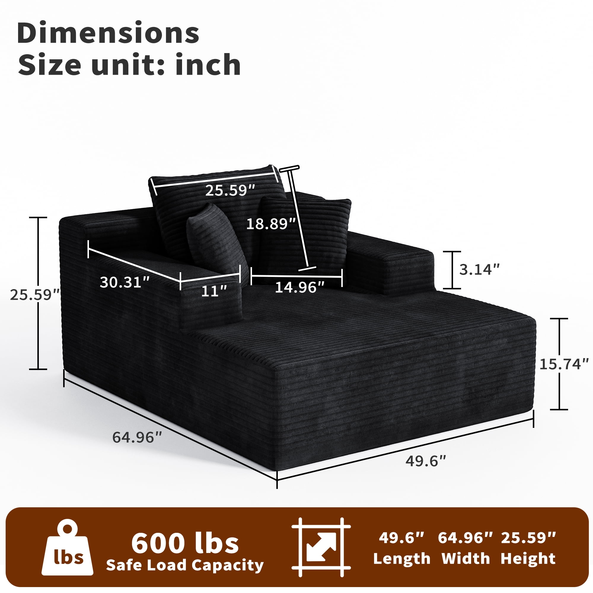 Recliner Sofa Bed, Extra Large Lounger, Deep-Seat Corduroy Sleeper, 600 Lbs Capacity, 64.96-Inch Width, 30.31-Inch Seat Depth, Upholstered Foldable Design for Living Room Bedroom, Black