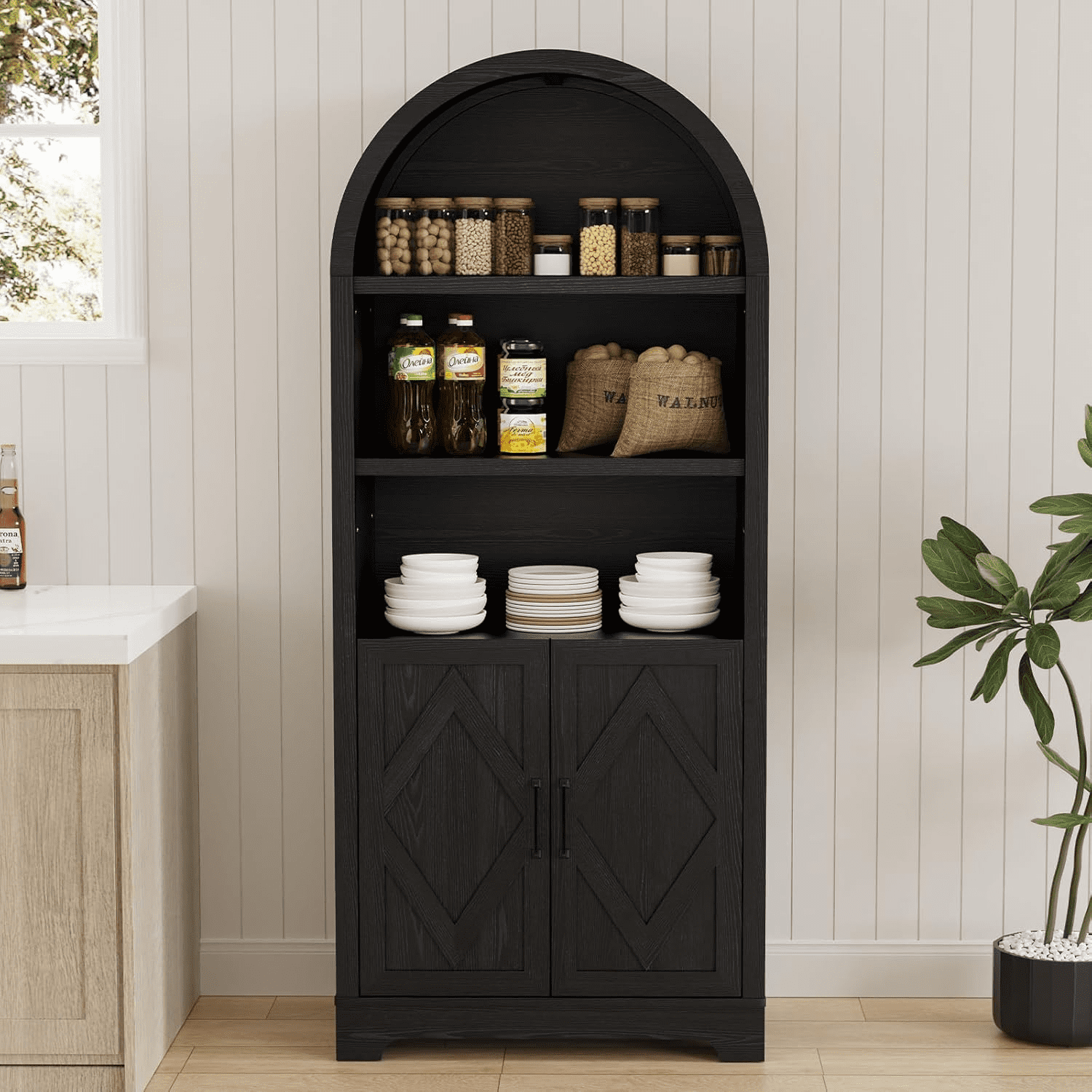 Vipbear 70" Arched Cabinet, 5 Tier Arch Bookcase, Tall Pantry Wood Display Cabinet with Doors&Adjustable Shelve for Living Bed Room Kitchen