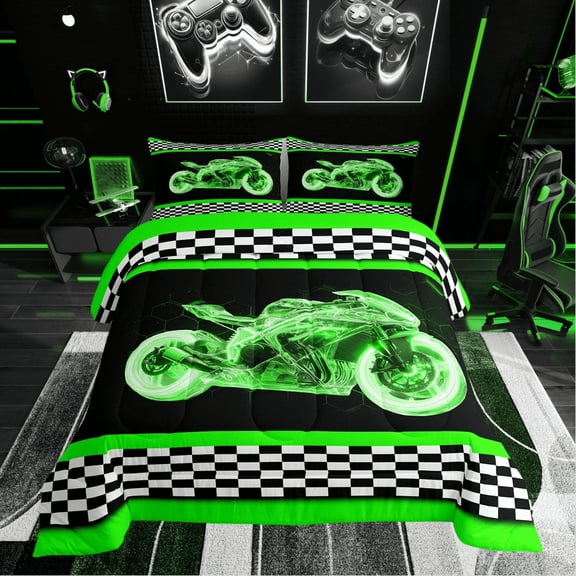 Erosebridal Cool Motorcycle Bedding Sets Twin with Comforter, Honeycomb Duvet Insert, Checkered Flag Decor, Breathable 2-Piece