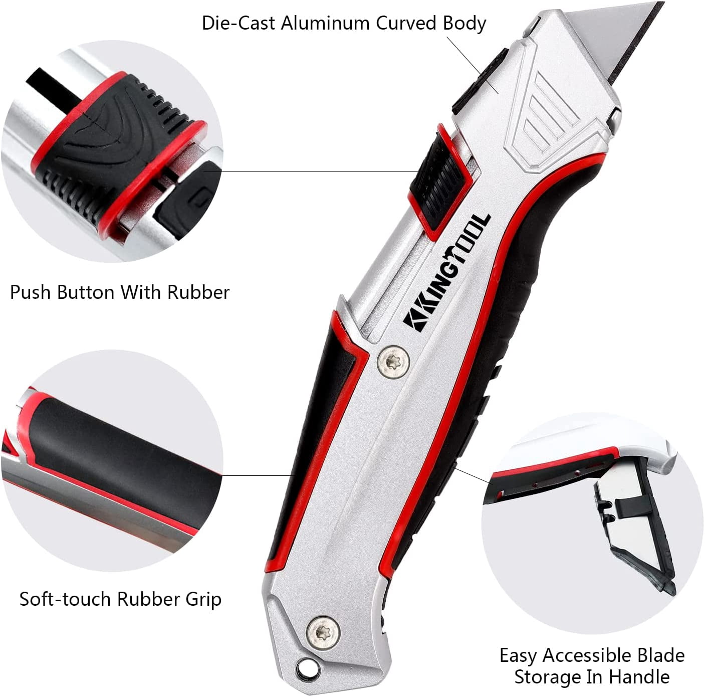 Self-Retracting Box Cutter with Holster & Belt Clip, Auto Retractable Safety Utility Knife with Total 10PCS 5 blades, Aaluminum Shell with Rubber Grip, Sturdy & Strong