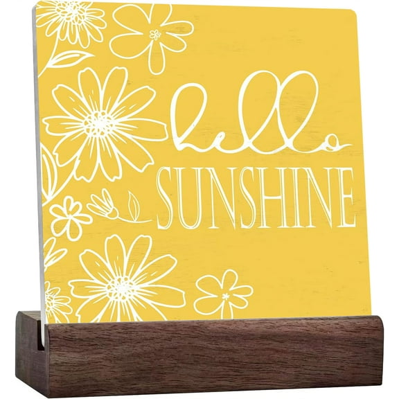 Ceramic Sign 4x4 Inch Yellow Flowers Ceramic Desk Sign Plaque with Wooden Stand Desk Decor Yellow Home Decor Sunshine Ceramic Signs For Living Room Bedroom Shelf Yellow Tabletop Decor Gift For Women
