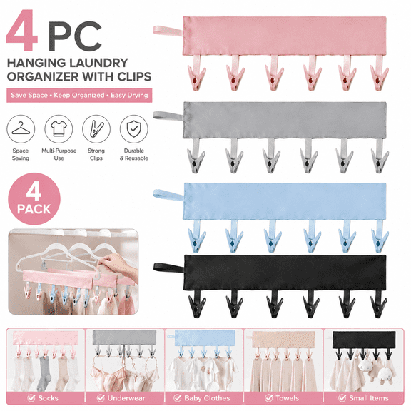 4 Pack Hanging Drying Rack with 24 Clips, Foldable Clothes Hanger Organizer, Space Saving Laundry Airer for Socks, Underwear, Towels, Baby Clothes and Accessories