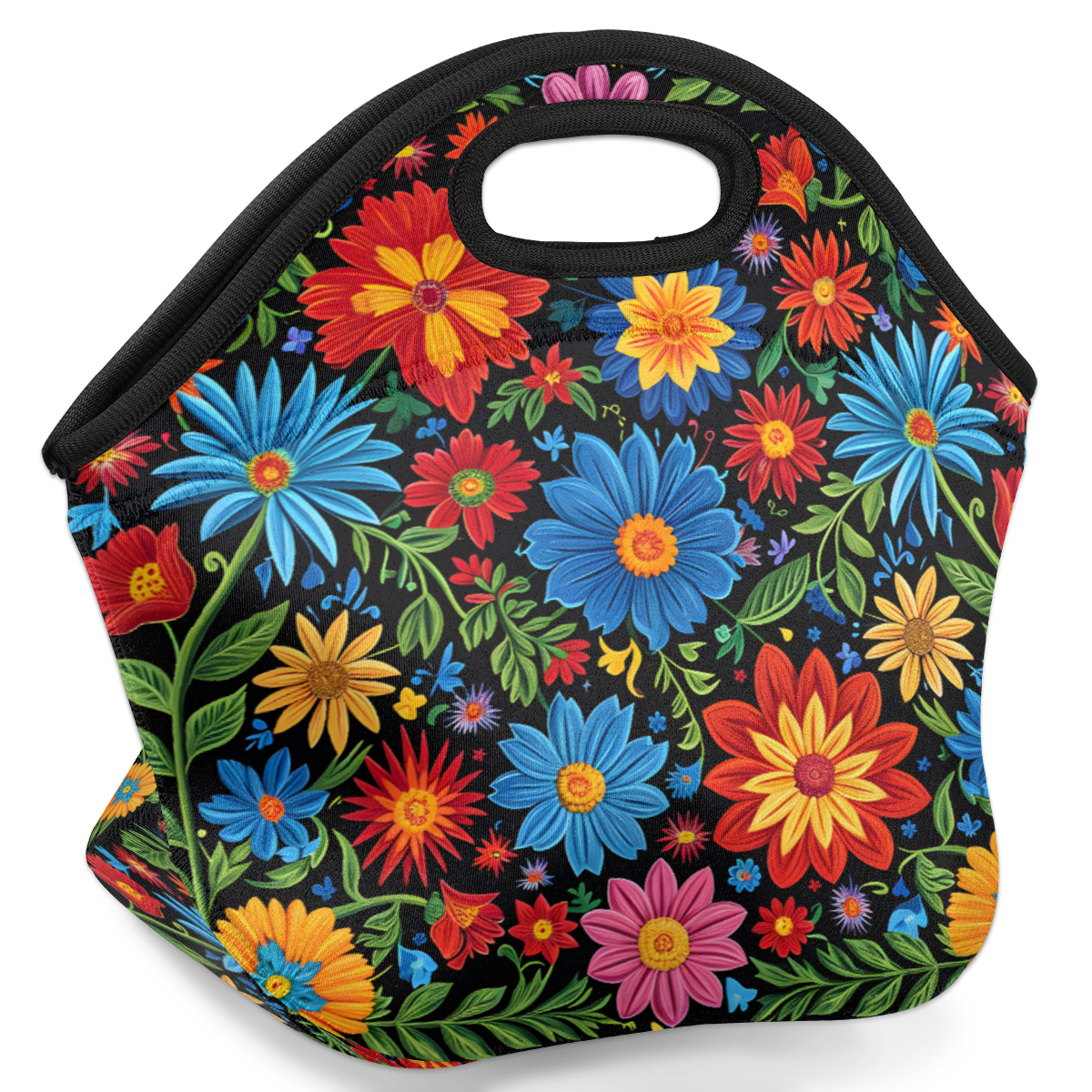 Herdesigns Spring Watercolor Floral Neoprene Lunch Bag, Colorful Flowers Insulated Lunch Box for Women Men Washable Lunch Tote Soft Lunch Container With Zipper for Work Picnic Travel