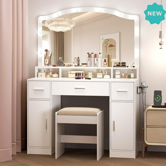Vanity Table with Mirror and Lights, Makeup Desk with 3 Drawers, 2 Cabinets, Charging Station & Stool, White Dressing Table for Bedroom