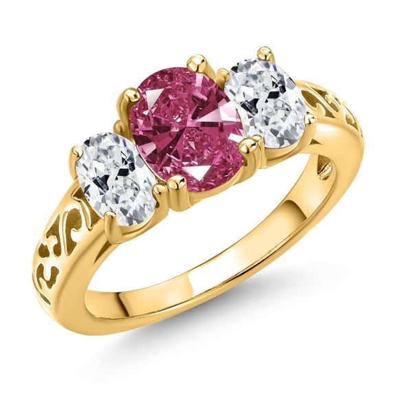 Gem Stone King 18K Yellow Gold Plated Silver Red Zirconia and White Zirconia Filigree Style 3 Stone Ring for Women (2.07 Cttw, Oval 8X6MM and 6X4MM) (Size 5)