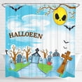 thumbnail image 1 of Whimsical Halloween Shower Curtain - Blue Sky, Grinning Moon & Graveyard Design, 1 of 4