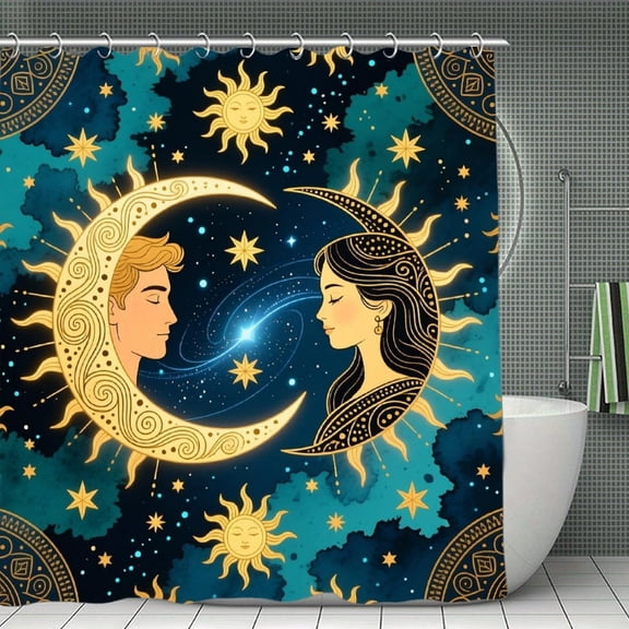 Moon Sun Stars Print Shower Curtain,Modern Fabric Waterproof Shower Curtain Set with Hooks 70.8×70.8Inch (180×180cm)