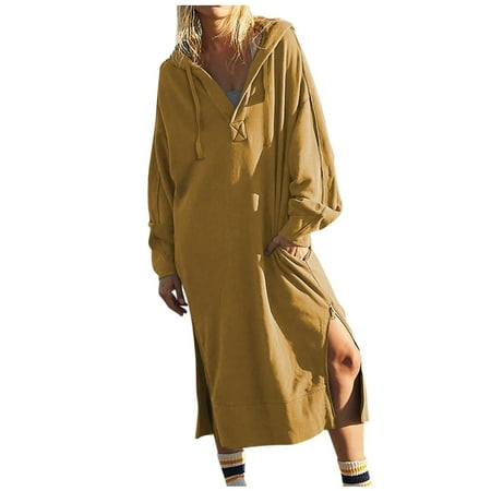 RYKJLWY Black Dresses for Women Sundress Fall Pullover Long Dress Pocket Sweatshirt Casual Drawstring Clothing Solid Color Long Sleeve Hooded Tops Sweatshirt Dress Graduation Dresses (Yellow XL)
