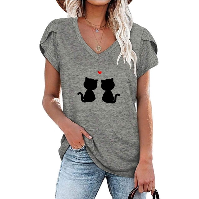 LOVZFMLL Hauts d'Été pour Femmes Mode T-shirt Décontracté à Manches Courtes Col en V Imprimé Blouse
