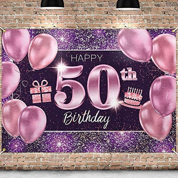 PAKBOOM Happy 50th Birthday Banner Backdrop - 50 Birthday Party Decorations Supplies for Women - Pink Purple Gold 4 x 6ft