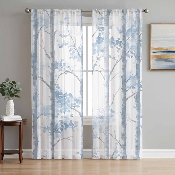 Blue Leaf Branches Sheer Curtains 84 Inch Length 2 Panels Set, Vintage Tree Watercolor Voile Window Treatment Rod Pocket Curtains Sheers Drapes for Bedroom/Living Room/Kitchen 52"x84"x2