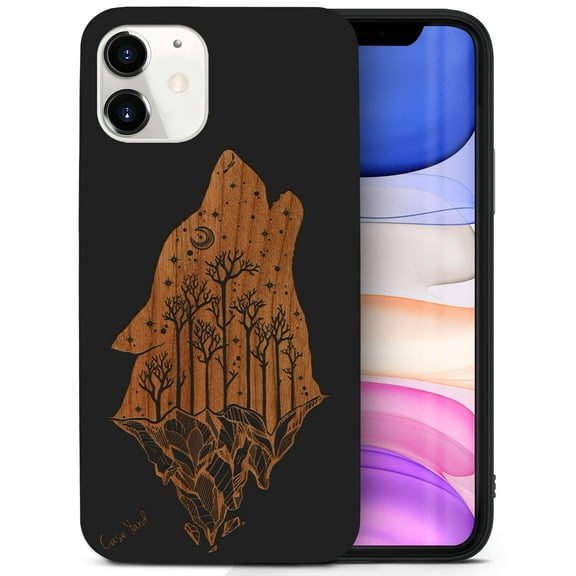 Case Yard Wooden Case for iPhone-12-Mini Soft TPU Silicone cover Slim Fit Shockproof Wood Protective Phone Cover for Girls Boys Men and Women Supports Wireless Charging Howling Wolf Design