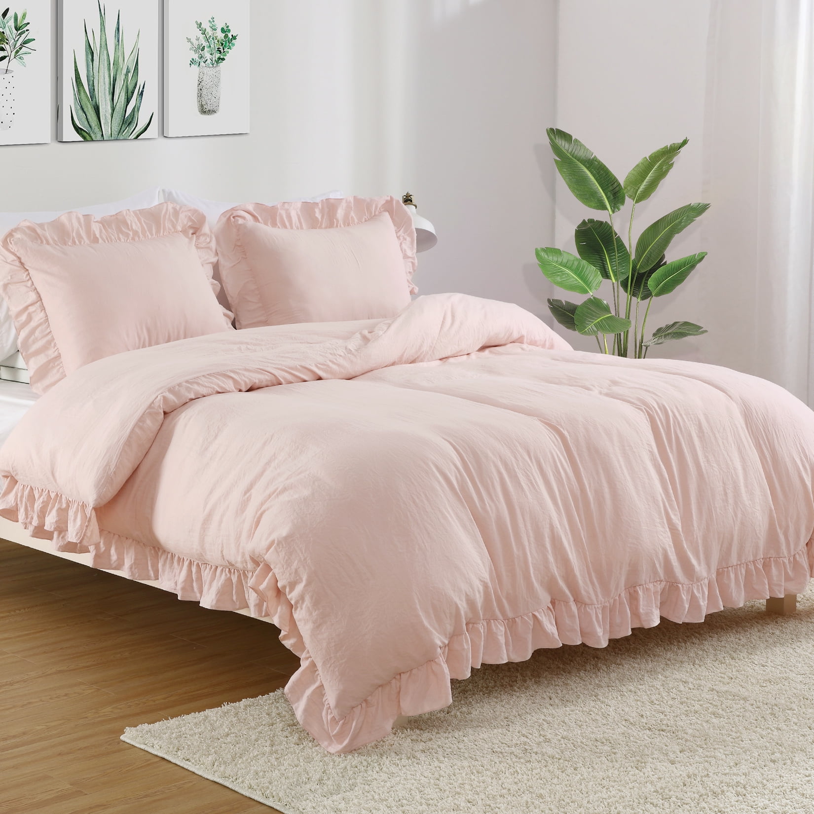 Ruffled Duvet Cover Twin/Queen/King Size, 3 Pieces Soft Washed Microfiber Duvet Cover Set, Shabby Chic Home Bedding Duvet Covers with Button Closure