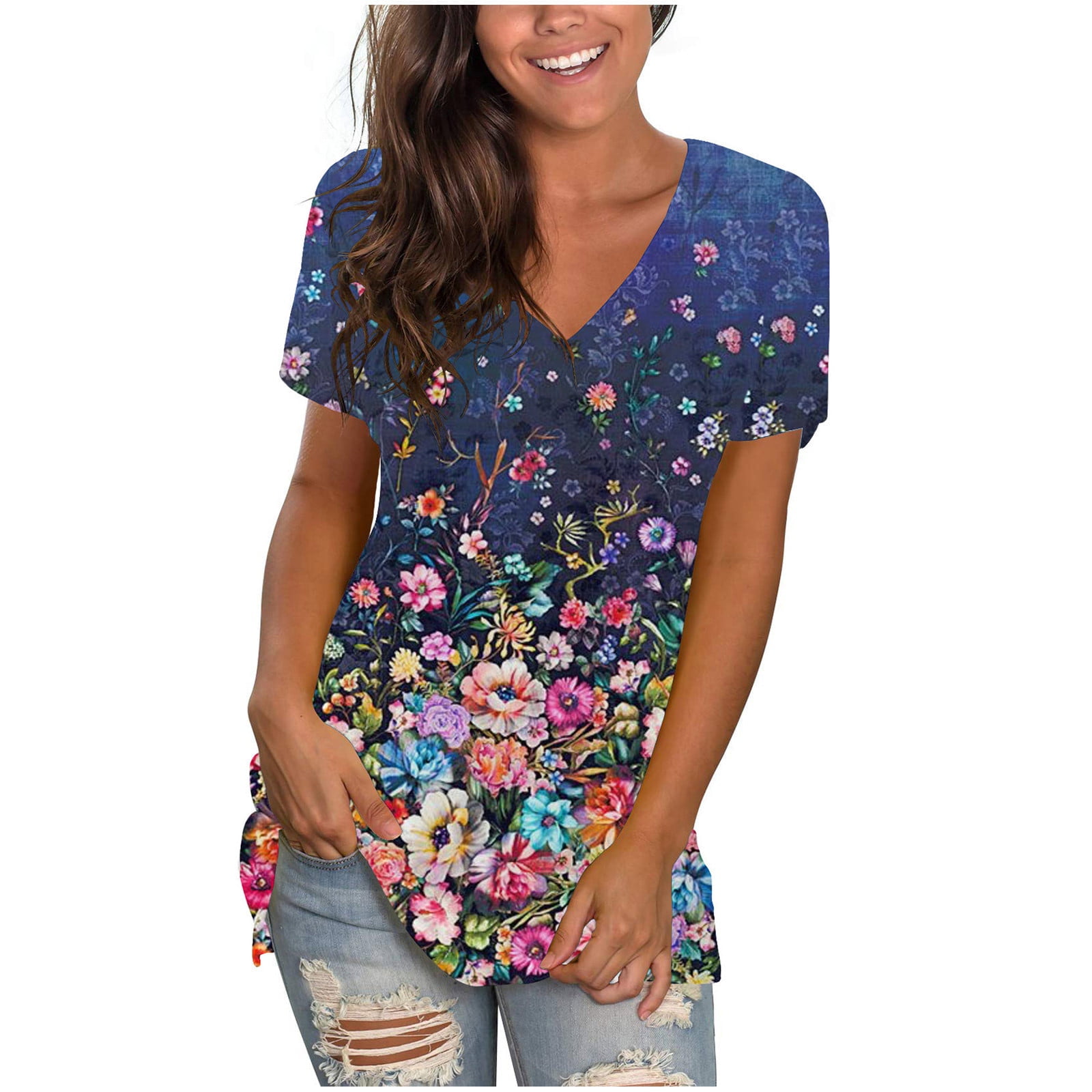 JGGSPWM Womens Summer Floral Tops V Neck T Shirts Cute Short Sleeve Tunic Tropical Plant Leaf