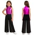 thumbnail image 5 of inlzdz Kids Girls Hip Hop Dance Outfits Retro 70s 80s Rock Disco Jumpsuit Flowy Mesh Overlay Pants Romper Hot Pink 10, 5 of 7