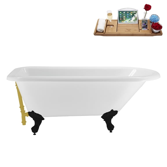 62" Streamline N4840BL-BGL Soaking Clawfoot Tub and Tray With External Drain in Brushed Gold and Matte Black Clawfeet