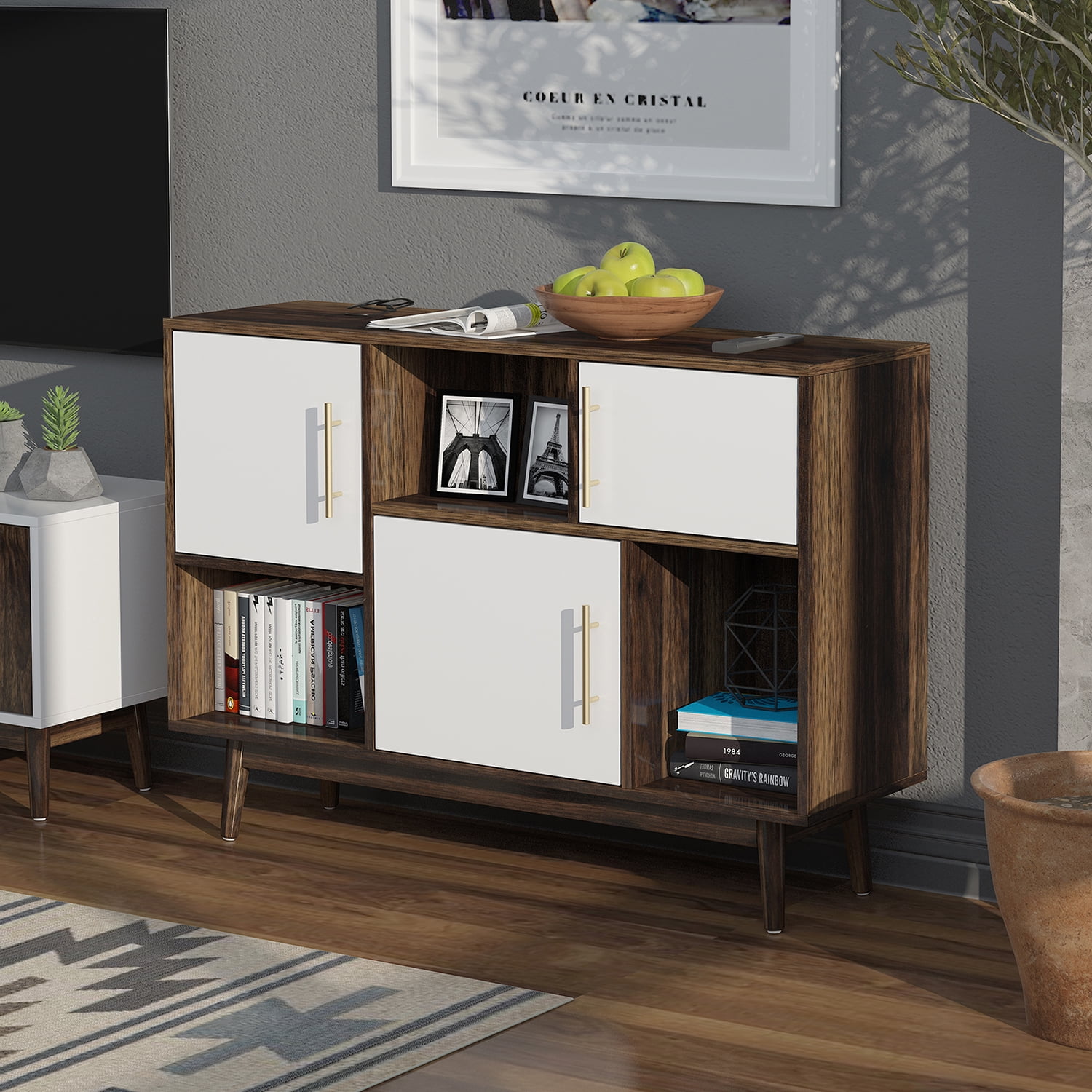 Private Jungle TV Cabinet Storage Organizer, 3 Cubes Wooden Storage Cabinet with 3 Doors, Floor Standing Accent Cabinet with Legs,Walnut+White