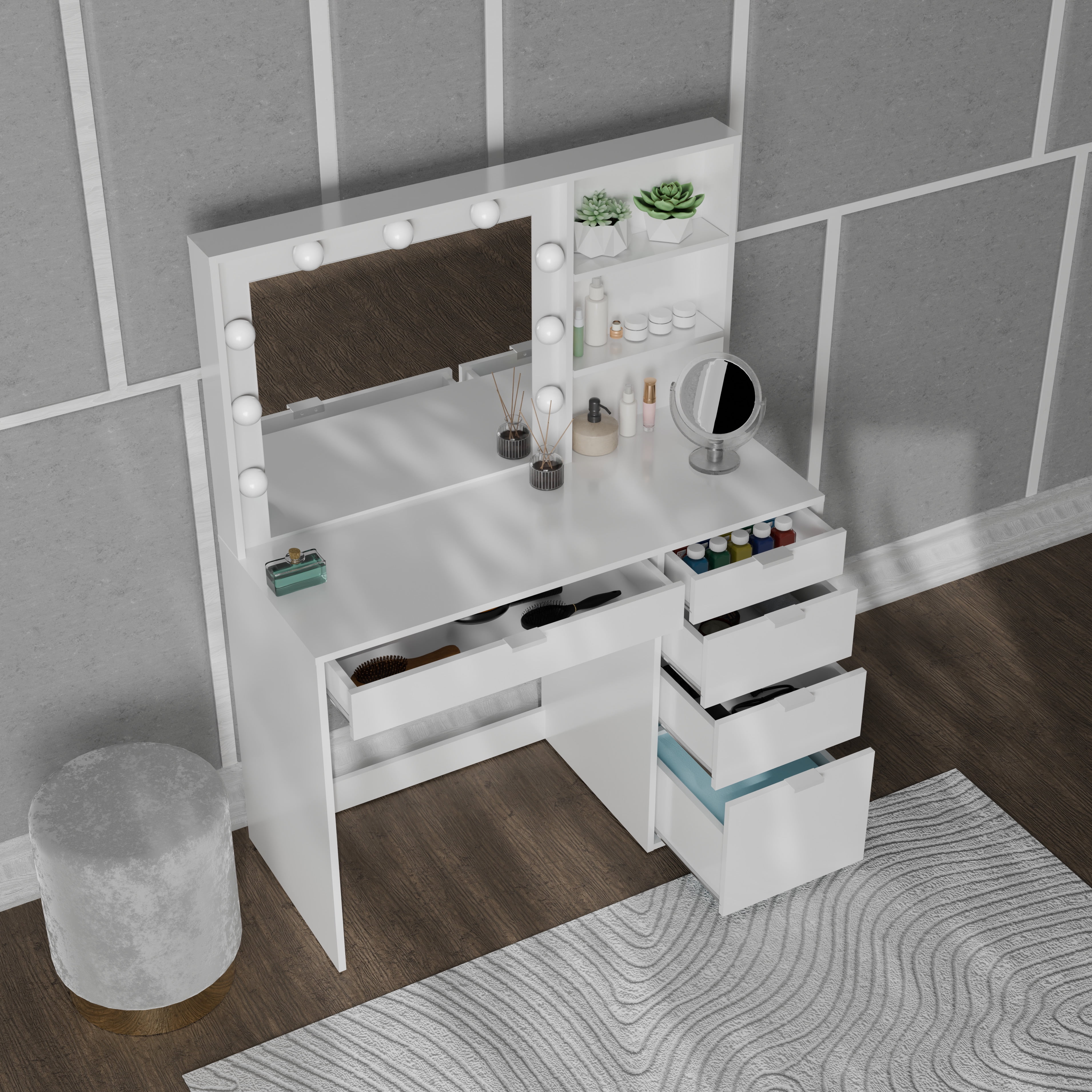 Kappesberg Jess Lighted Vanity Table: Functionality and Style for Your Space, for Adults and Teens - White