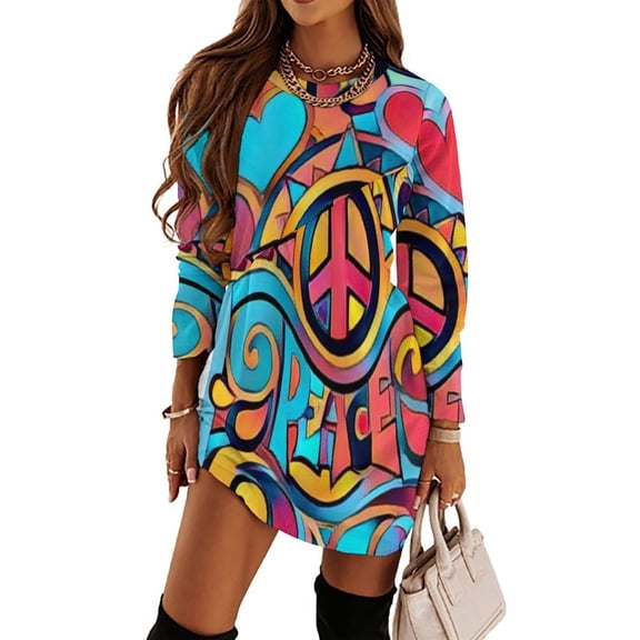 Peace and Love Colorful Retro Art Long Sleeved Dress Women"s summer dress prom clothes