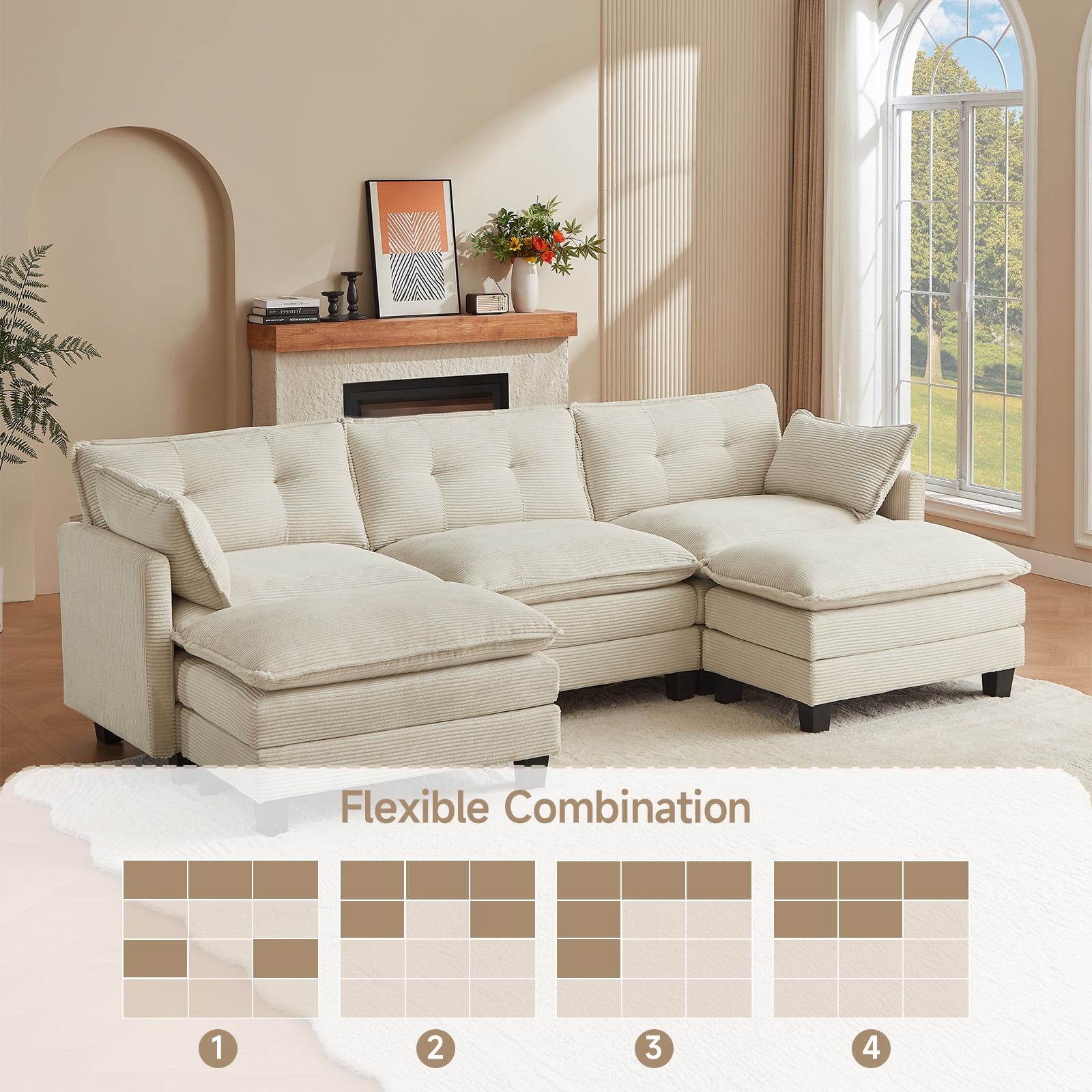Amsleekey 111.5" Modular Sectional Sofa with 2 Movable Ottomans, U-Shaped Corduroy Cloud Couch for Living Room, Super Comfy 3-Seat Daybed Bed, Beige