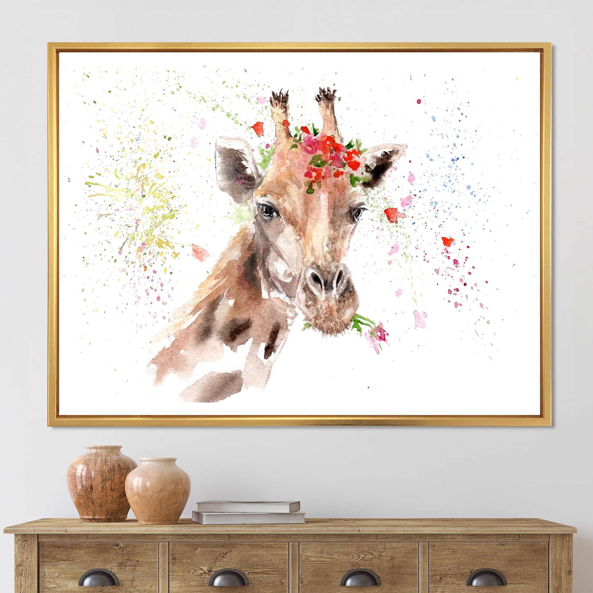 Portrait of A Giraffe With Red Flowers II 20 in x 12 in Framed Painting Canvas Art Print, by Designart
