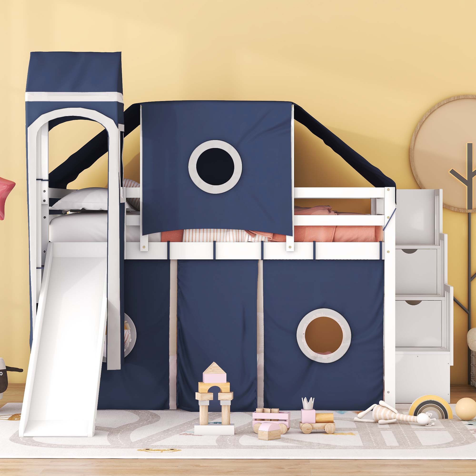 Aukfa Full Size Loft Bed with Slide - House Loft Castle Bed with Stairway Tent Tower for Kids - Navy