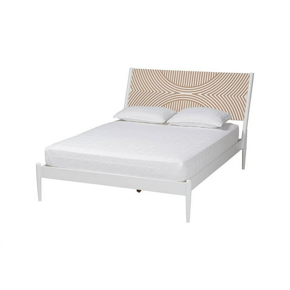 Baxton Studio Louetta Coastal White King Size Platform Bed with Carved Contrasting Headboard