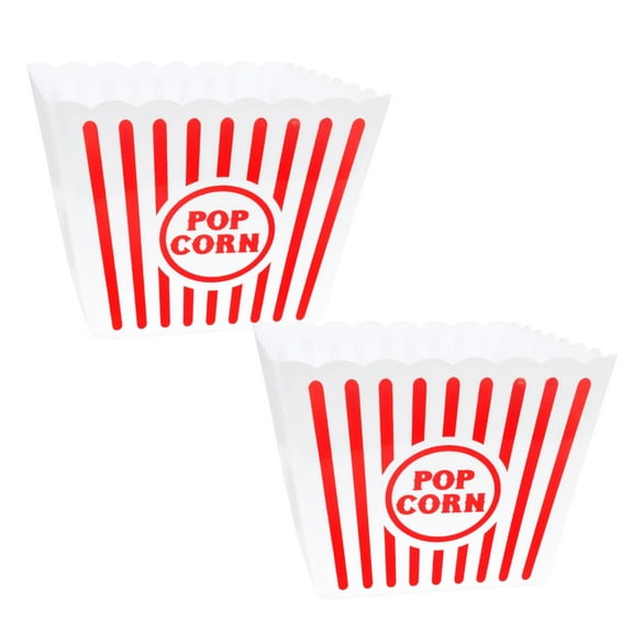 (2) Large Plastic Popcorn Tubs White & Red Popcorn Bucket Reusable Container for Family Home Movie Nights Summer Spring Holiday Carnival Birthday Themed Party Decorations t & CUSTOM Storage Carrier
