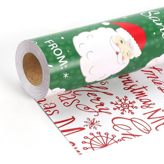 BAN Green Santa Christmas Wrapping Paper Roll, Reversible Holiday Gift Wrap with Classic From Santa & Merry Christmas Design for Kids, Season Party, Xmas Presents, 17 Inch X 33 Feet