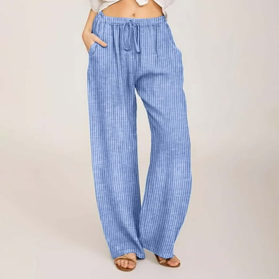 LADIGASU Women Casual Stripe Linen Drawstring Elastic Waist Long Wide Leg Pants