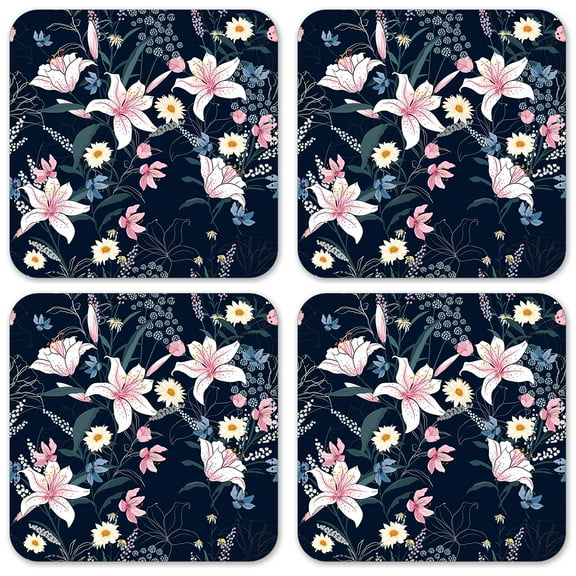 Vinyl Drink Coasters - Set of 4 - Pink & White Flowers with Blue