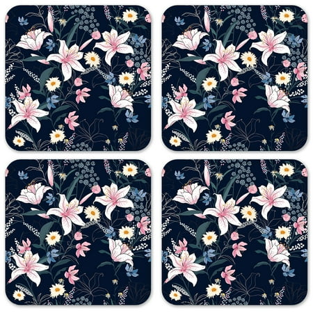

Vinyl Drink Coasters - Set of 4 - Pink & White Flowers with Blue
