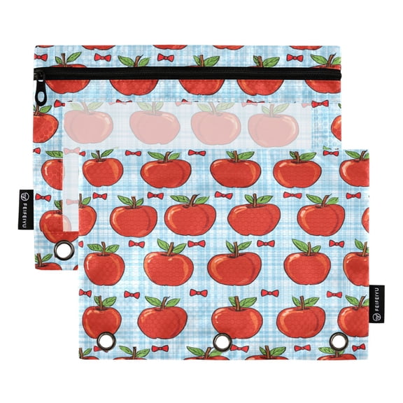 2 Pack 3 Ring Binder Pouch with Clear PVC Window Water Resistant Zipper Pencil Pouch Red Apple Gingham Print Binder Pocket for Classroom Office Home Stationery Organization