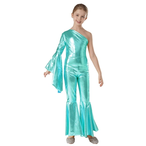 Linjinx Kids Girls Jazz Latin Gymnastics Leotard Jumpsuit Metallic Shiny Wide Leg Bell-Bottom Dance Unitards Blue Green 12