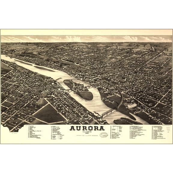 24"x36" Gallery Poster, birdseye view map of Aurora, Illinois 1882