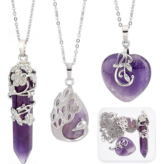 1 Box 3 Styles Healing Crystal Necklace Set Flower Wrapped Crystal Necklace Stone Point Pendant Natural Amethyst Chakra Crystal Charms for Jewelry Making Charms Heart Gemstone Kit Adult