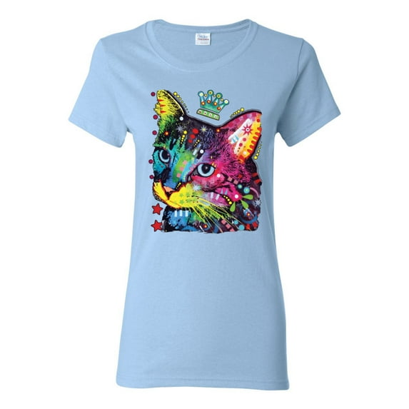 Wild Bobby Dean Russo Cat Wearing a Crown Thinking Cat Crowned Cat Lover Women Graphic Tee, Light Blue, Large
