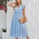 thumbnail image 3 of Vestido largo de las mujeres elegante V cuello ruffle floral impresión rodilla longitud vestido para primavera y verano azul claro M, 3 of 8